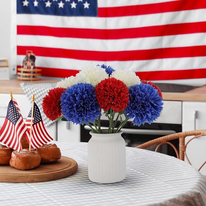 Hananona 12 Pcs Artificial Chrysanthemums Flowers Patriotic Flower, 4th of July Fake Mums Flowers Silk for Home Decor Indoor Memorial Day Table Centerpiece Vase not Included (12, Red, White, Blue)