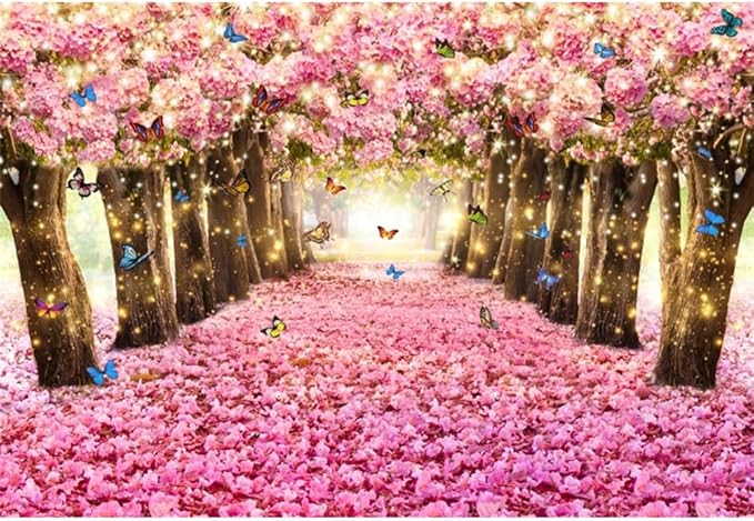 Renaiss 10x7ft Pink Cherry Blossom Backdrop Fairy Tale Romantic Pink Flowers Tree Butterfly Floral Petal Falling Boulevard Photography Background for Wedding Newborn Party Decor Photo Props