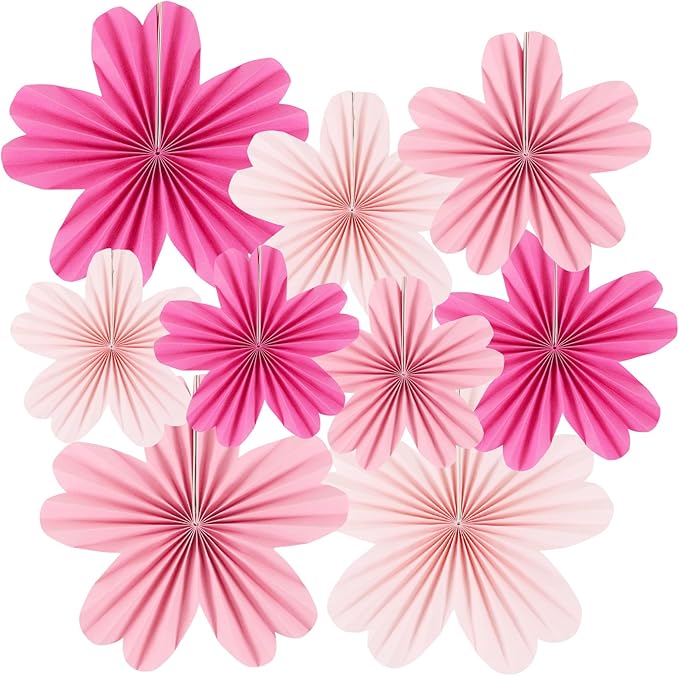 Paper Fans Party Decorations Paper Flowers Decorations for Wall Classroom Floral Backdrop Baby Shower Birthday Party Flower Wall Decor Pack of 9 Pink