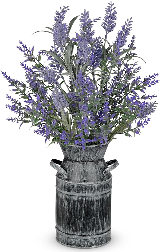 Artificial Lavender Flowers with Rustic Metal Vase 17 Inch Faux Lavender Plant Arrangement in Galvanized Planter Vintage Farmhouse Floral Decor for Home Office Kitchen Decor Wedding Table Centerpiece