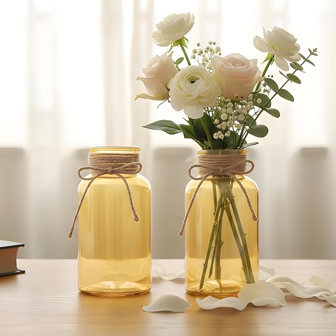 Vintage Glass Flower Vase，3 Pack Farmhouse Gold Glass Centerpiece Vases Mason Jars for Weddings, Parties & Home Decor Bulk (3, Gold)