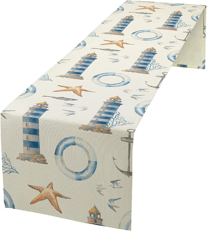 Blue Beach Table Runner, Tropical Ocean Coast Table Runner, Seashell Seasonal Nautical Restaurant Coffee Table Decorations for Home Holiday Party Indoor Outdoor 13x60 Inch