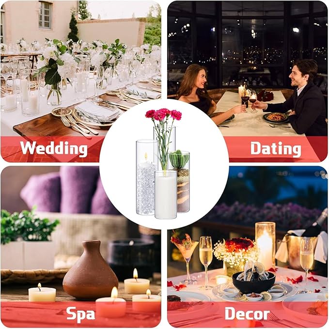 Sawysine 64 Pcs Glass Cylinder Vases 2.5''/2.95''/3.9'' Diameter Clear Flowers Vase Hurricane Floating Candles Holders for Table Centerpieces (2.95 x 6 in,2.95 x 8 in,2.95 x 10 in,2.95 x 12 in)