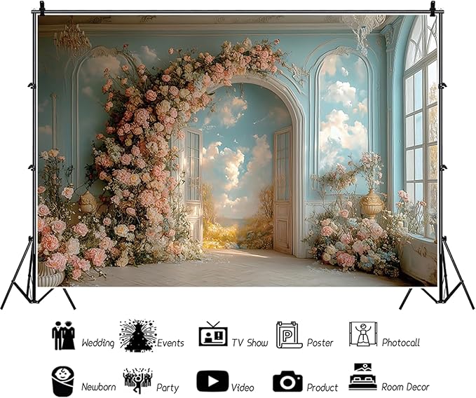 Baocicco 12x8ft Floral Wall Photography Background Romantic Style Arch Door Oil Painting Flowers Photo Background for Women Wedding Party Banner Supplies Girls Birthday Decorations Photoshoot Studio