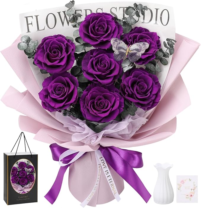 Casaido Preserved Flowers for Delivery, 7 Purple Roses Bouquet, Birthday Gifts for Women, Christmas Rose Gifts for Mom Wife Girlfriend, Forever Real Flowers for Valentines Day Anniversary