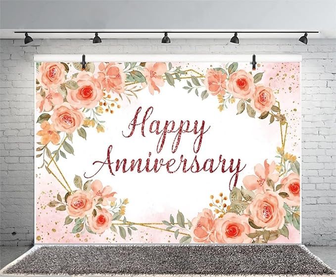Leyiyi 5x3ft Happy Anniversary Backdrop Watercolor Pink Floral Rose Green Leaves Gold Dots Glitter Photography Background Cheers to Wedding Anniversary Bridal Shower Party Decorations Photo Props