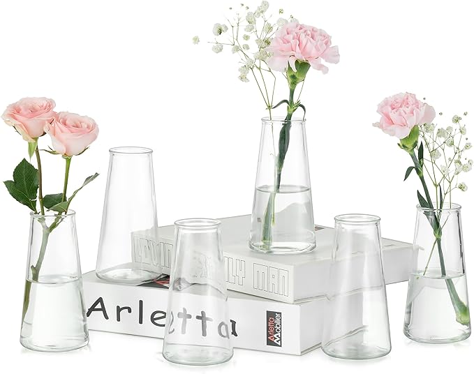 Hewory Glass Bud Vases for Centerpieces: Small Clear Modern Flower Vase Set of 6, Minimalist Cute Mini Decorative Bulk Vases for Wedding Birthday Bridal Shower Party Events Dining Room Table Decor