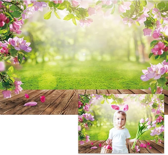Renaiss 9x6ft Spring Nature Scenery Pink Flower Blossom Green Leaves Wood Floor Park Floral Meadow Photography Background for Wedding Baby Shower Birthday Party Decor Photo Studio Props