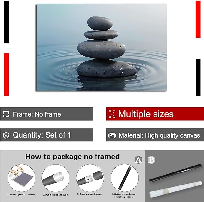 Zen wall art Harmonious grey stones stacked on a calm surface of water Serene Zen decor suitable for tranquil homes and spaces of meditation 32x48in Frameless