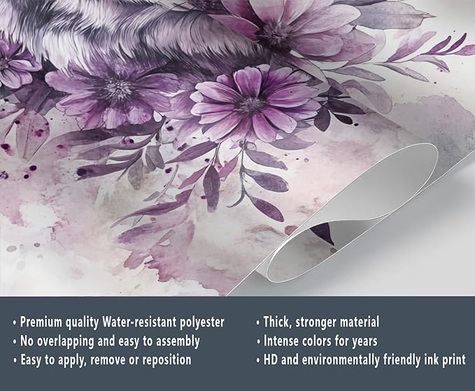 Wolf with Floral Watercolor Wall Mural, Purple Wolf Watercolor Art 3D Wall Murals, Art Flower Painting Wallpaper Mural, for Living Room Bedroom Large Wallpaper Indoor Decor 197" W x124.8 H