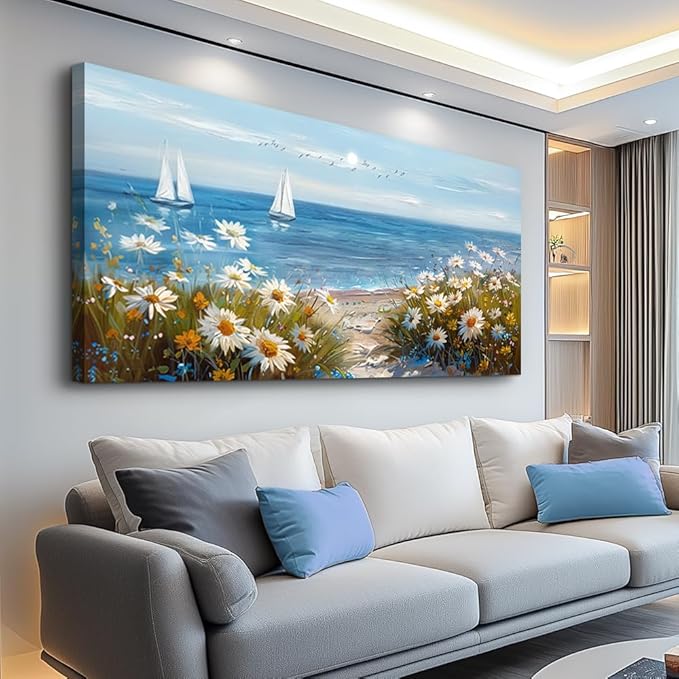 PHAOHUAXM Wall Art For Dining Room Kitchen Blue Ocean Landscape Painting Art Pictures Living Room Decor Vintage Landscape Canvas Print Suitable For Bedroom Office Farmhouse Wall Decoration 24x48 In