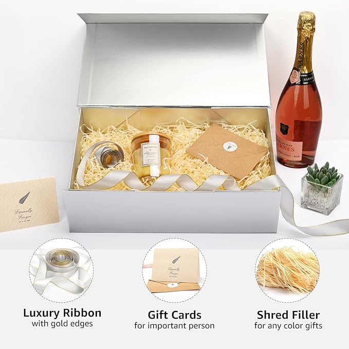 LIFELUM Gift Boxes with Lids, 1 Pack 13.8 x 8.3 x 4.4 inch Silver Gift Boxes with Ribbon, Card, Shredded Paper Filler for Presents, Graduation, Christmas, Birthdays