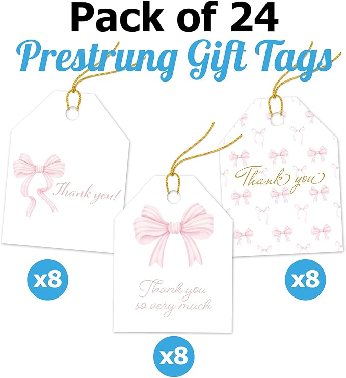 Pro Supply Global 24 Count of 2.5 Inch x 3 Inch Pre Strung Pink Bows Gift Tag Assorted Printed Designs on Large Cardstock Gift Hang Tags - Ideal to Use on Bags