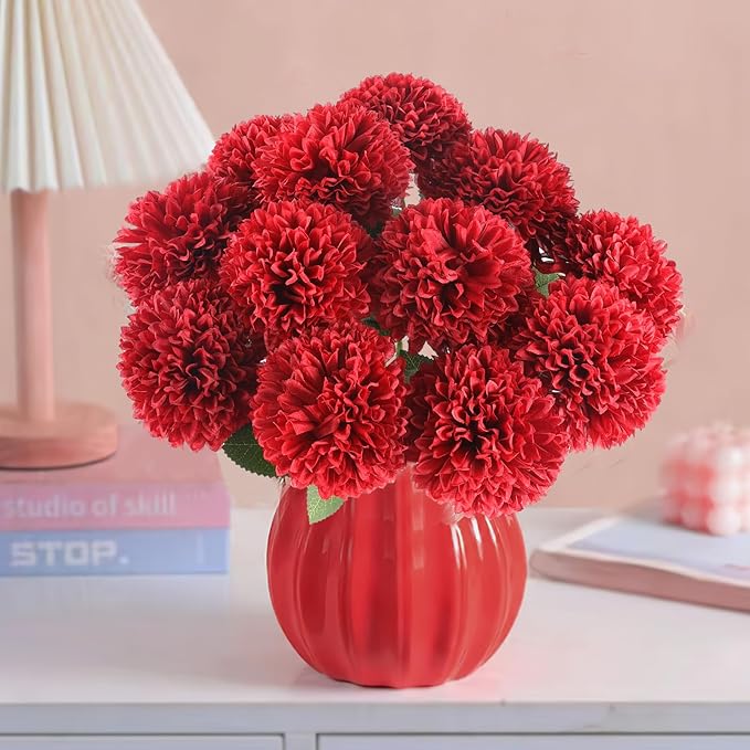 Hananona 12 Pcs Artificial Chrysanthemums Flowers Burgundy Red Flowers, Fake Mums Silk Flowers for Spring Home Decor Christmas Floral Arrangement Halloween Table Centerpiece (12, Burgundy)