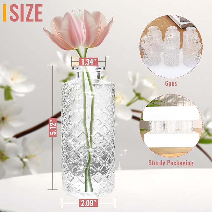 Glass Flower Vase, Aromatherapy Bottle, Small Vase, 6 Sets, Simple, White Transparent, for Birthday, Anniversary, Wedding, Home Decoration