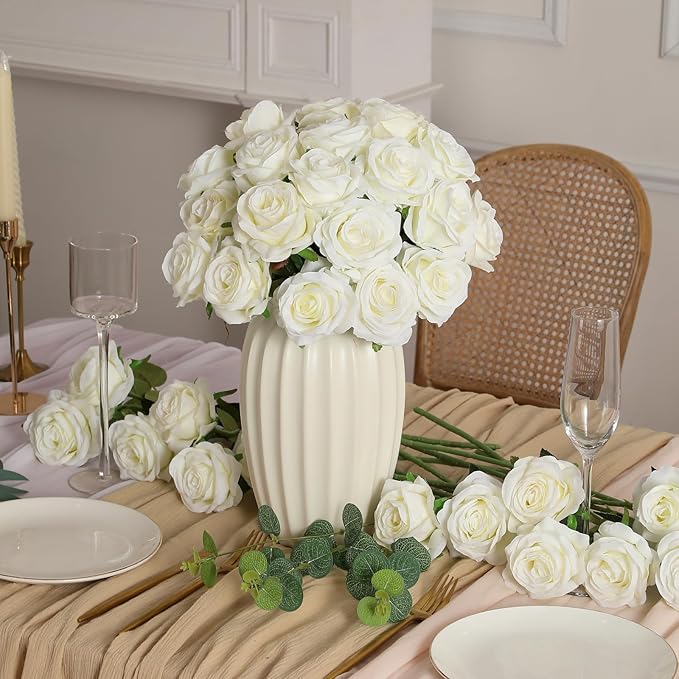 Kisflower 60 Pcs White Roses Artificial Flowers Bulk, Silk Roses with Stem Realistic White Artificial Roses for Decoration DIY Wedding Bouquet Bridal Shower Party Home Table Centerpieces Decor (White)