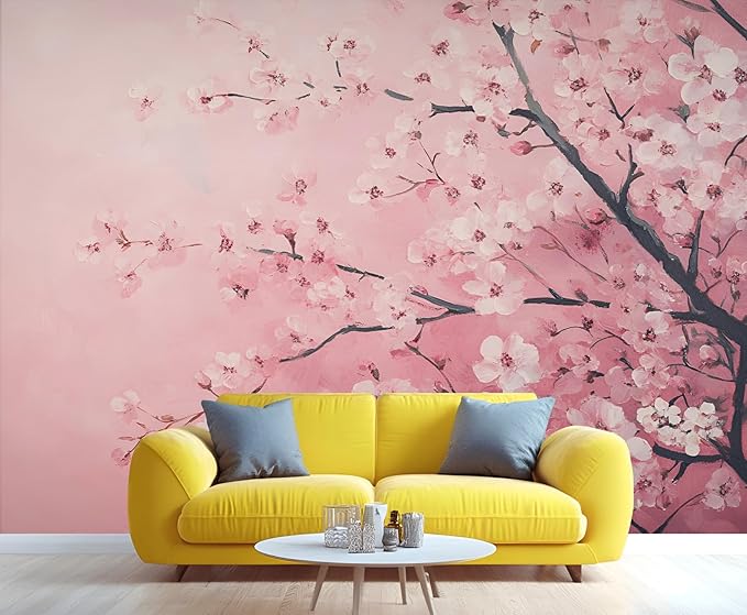 Pink Cherry Blossom Wall Mural, Romantic Cherry Blossom 3D Wall Murals, Japanese Flower Wallpaper Mural, for Living Room Bedroom Large Wallpaper Indoor Decor 118" W x 82.6 "H
