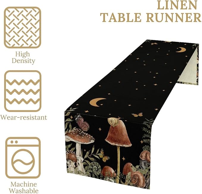 Retro Mushroom Table Runner, Boho Night Plants Leaves Moon Star Botanical Snail Butterfly Print Table Runner for Home Kitchen Dining Table Decor, 13x36inch