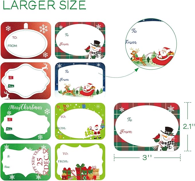 Jumbo Christmas Name Tags Stickers 120 Pack/8 Designs -Gift Tag with Reflective Metallic Foil for Christmas Presents (Snow White)
