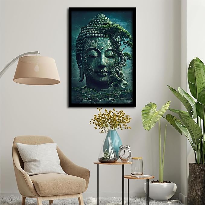 Buddha statue wall art canvas wall decor aesthetic picture mystical nature art for tranquil home and spiritual space 20x30in Metal blackFramed