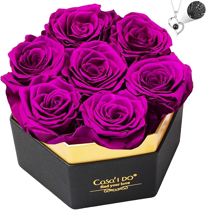 Preserved Roses Flowers for Delivery 7 Pcs, Forever Flores in a Box with Necklace, Eternal Rose Anniversary Birthday Gifts for Women Mom Wife Girlfriend, Rosas for Valentines Christmas, Purple