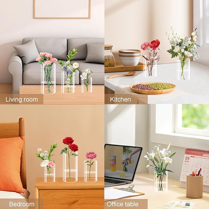 24 Pack Acrylic Cylinder Vases 4,6,8 Inch Tall Clear Acrylic Flower Vase Bulk Floating Candle Holders Cylinder Plastic Vases for Centerpiece Table Wedding Home