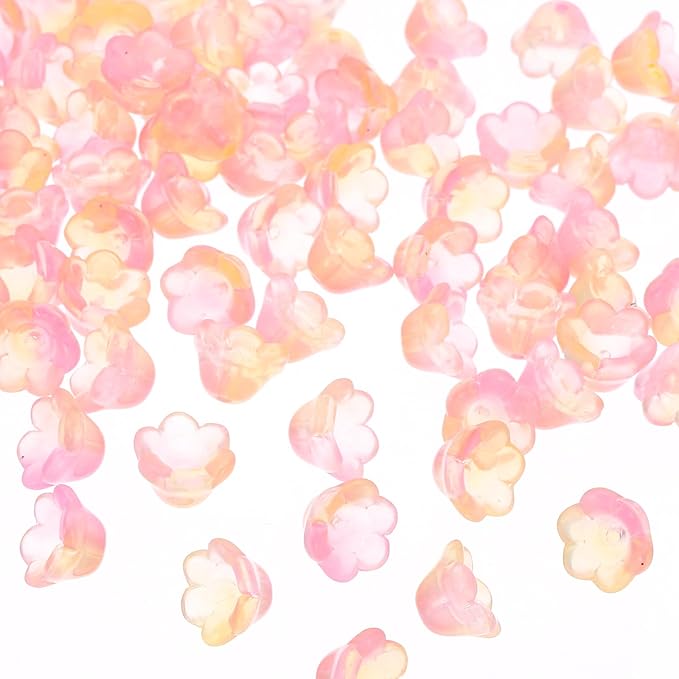 PATIKIL Glass Trumpet Flower Beads, 200 Pcs Gradient Flower Bead Charm for Jewelry Making DIY Craft, Bracelets, Earrings, Necklaces Decorations, Yellow, Pink