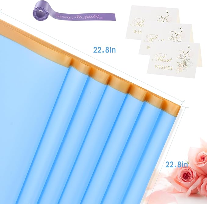 YIDATIKER 20 sheet Flower Wrapping Paper,waterproof floral wrapping paper for bouquets,DIY Florist Supplies Packaging Paper with satin ribbon for Wedding,Birthday,Valentine's Day(Blue