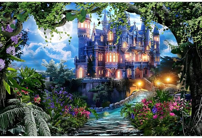 9x6ft Spring Fantasy Castle Palace Backdrop Vinyl Fairy Tale Prince Princess Flower Forest Wonderland Castle Photography Background Girl Home Decor Birthday Party Portrait Photo Props
