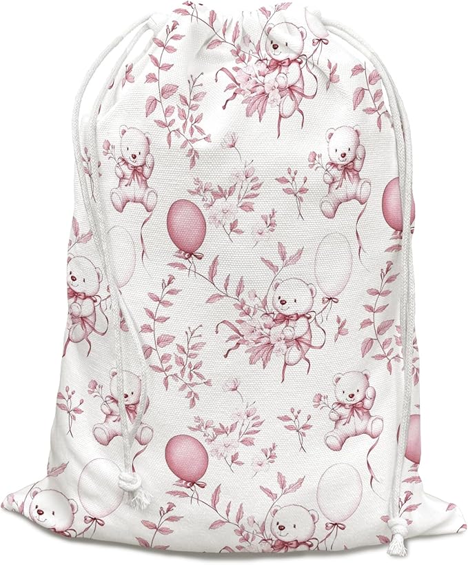 DSHFG Light Pink Bear Birthday Drawstring Gift Wrap Bags, Chinoiserie Animals Baby Shower Drawstring Gift Bags Canvas, Cute Bear Pink and White Small Happy Birthday Bag, 10x13 Inch