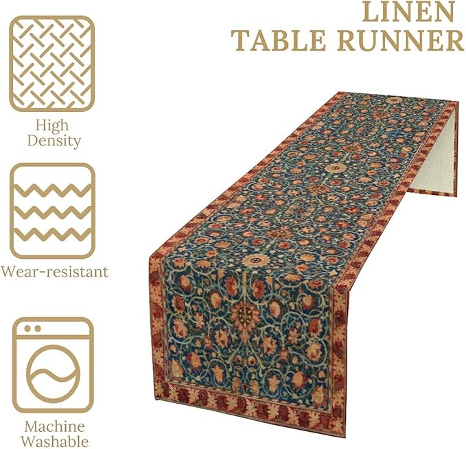 William Morris Table Runner, Rustic Boho Ethnic Flower Original Design Print Table Runner for Home Party Dining Room Kitchen Decor 13x36 Inch
