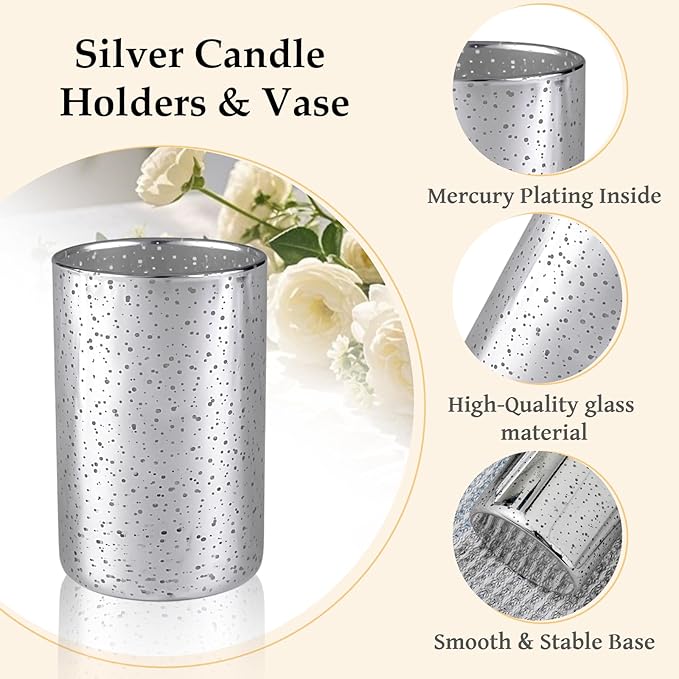 CHILL RECIPE Silver Cylinder Vases Glass Candle Holders Bulk, Mercury Hurricane Candle Holder Small Flower Vases for Centerpieces Tea Light Pillar Votive Candles Wedding Decor Party (8 Set 24Pcs)