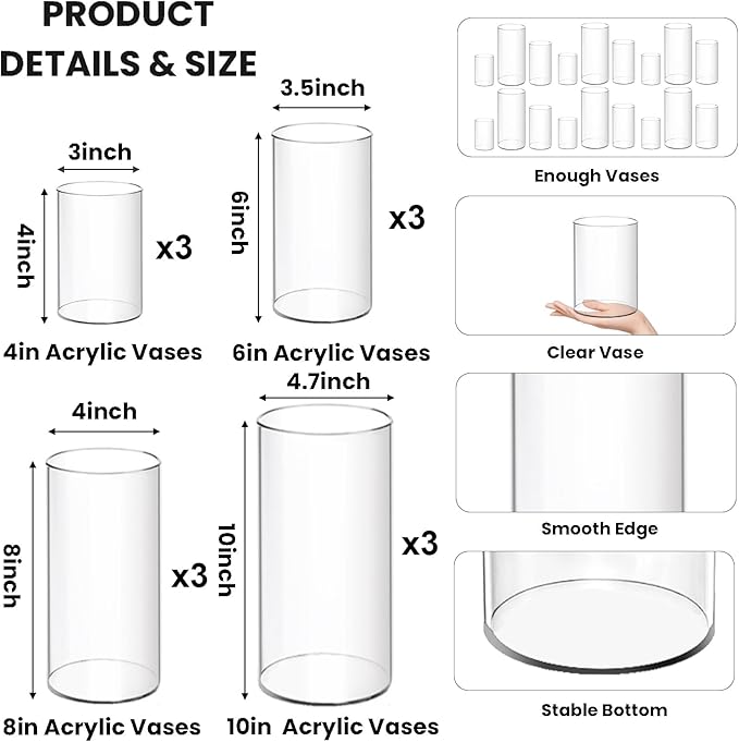 12 Pack Plastic Cylinder Vases, 4 6 8 10 Inch Tall Acrylic Cylinder Clear Flower Vase Set Bulk Glass Like Large Round Plastic Vases for Centerpiece Wedding Home Office (12)