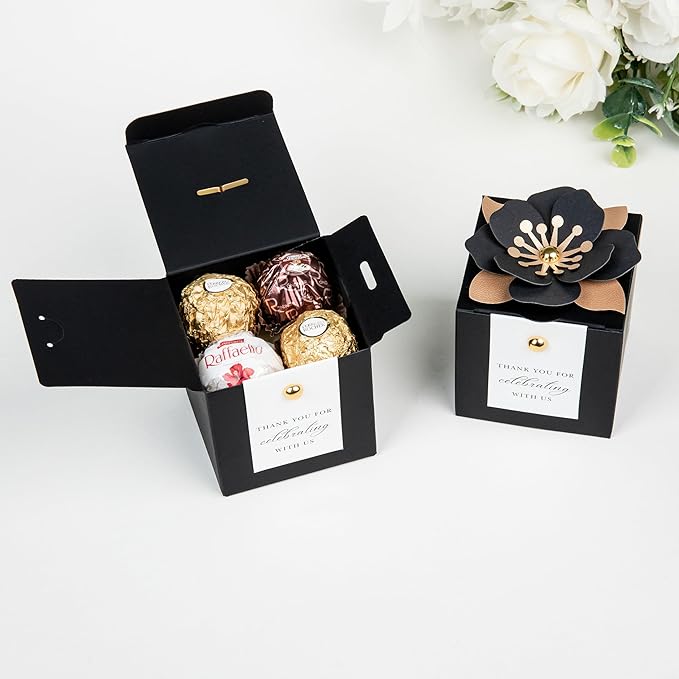 FEIYI 20 PCS Candy Boxes, 3 In 1 Black Favor Boxes with Floral Decor, White Thank You Tags Gift wrapping for Wedding Birthday Baby Shower Decorations Party -2.55x2.55x2.55''