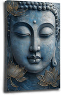 Canvas wall art Golden lotus crown Serene Buddha poster Ethereal blue toned art with delicate floral decor Zen wall art for a tranquil meditation space 24x36in Wood Framed