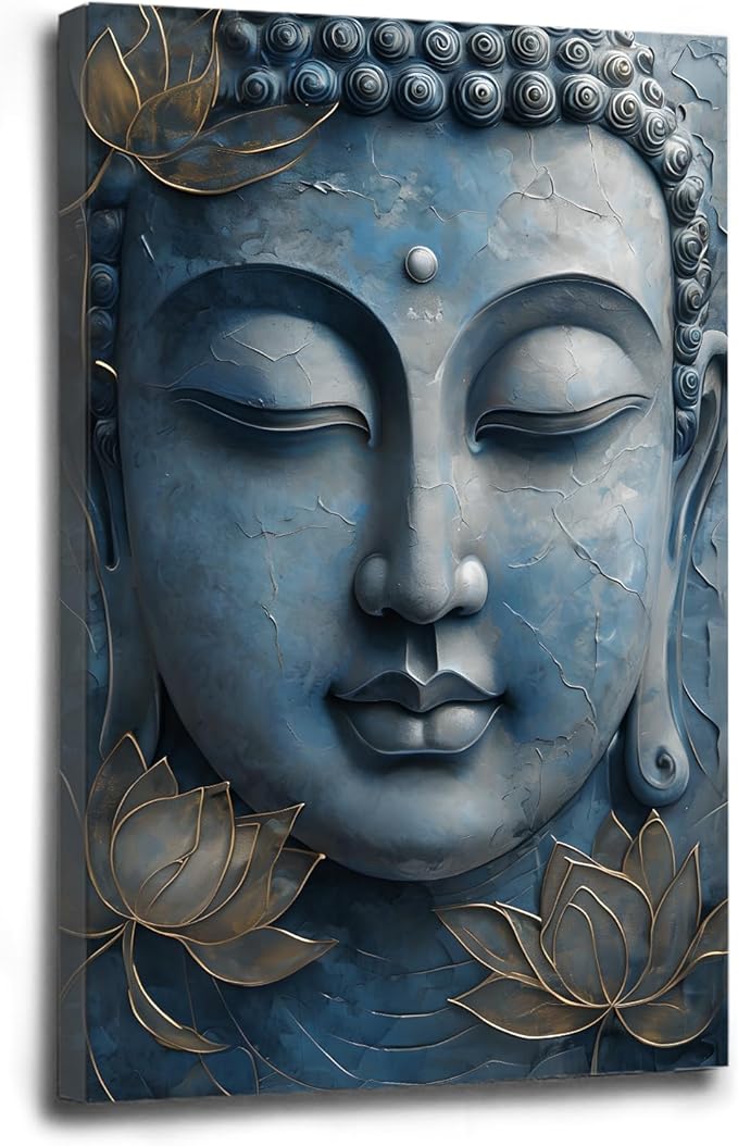 Canvas wall art Golden lotus crown Serene Buddha poster Ethereal blue toned art with delicate floral decor Zen wall art for a tranquil meditation space 28x40in Wood Framed