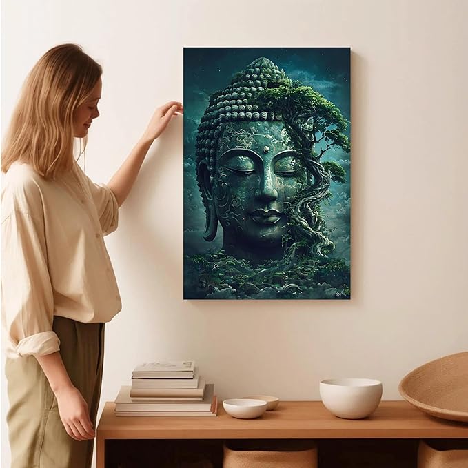 Buddha statue wall art canvas wall decor aesthetic picture mystical nature art for tranquil home and spiritual space 24x36in Frameless