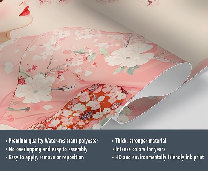 Japanese Cherry Blossom Wall Mural, Kimono Woman Geisha 3D Wall Murals, Oriental Beauty Wallpaper Mural, for Living Room Bedroom Large Wallpaper Indoor Decor 177.16" W x120 H