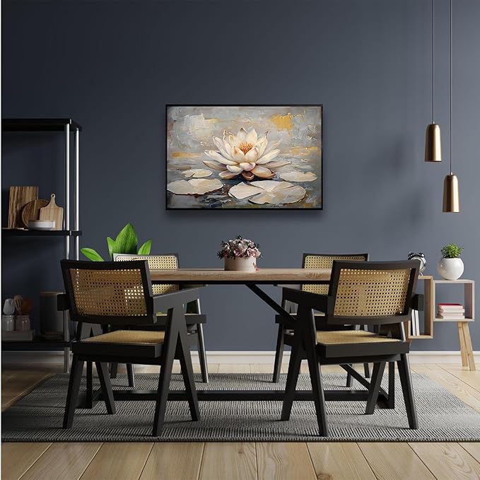 Ethereal white lotus floating on Crystal Waters poster vintage oil painting printwall art soft blush and gold accents serene home and office decor dreamy 16x24in Metal blackFramed