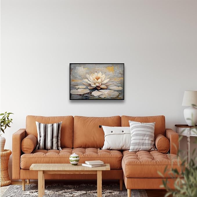 Ethereal white lotus floating on Crystal Waters poster vintage oil painting printwall art soft blush and gold accents serene home and office decor dreamy 8x12in Metal blackFramed