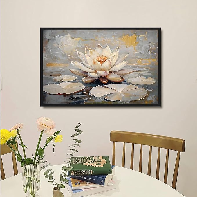 Ethereal white lotus floating on Crystal Waters poster vintage oil painting printwall art soft blush and gold accents serene home and office decor dreamy 8x12in Metal blackFramed