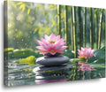 Ethereal pink lotus on obsidian Sunlit bamboo forest with sparkling water drops Poetic nature inspired wall art for tranquil homes and mindful spaces 24x36in Wood Framed