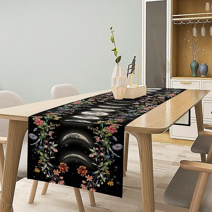 Boho Floral Table Runner, Spring Gothic Moon Phase Wildflower Mystical Witchy Farmhouse Coffee Table Center Decor for Home Kitchen Dining Patio Holiday Party Table Decorations 13x72 inches