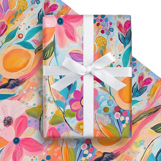 WALL-KNACK 17" X 393" Vibrant Texture Colorful Flower Orange Wrapping Paper Gift Wrap Roll for Wedding, Mother's Day, Holiday, Baby Shower, Women Girls Gifts, Birthdays, Bridal Shower and Engagement