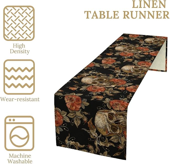 Gothic Table Runner,Vintage Skull Red Floral Pattern Table Runner for Home Kitchen Table Dining Garden Farmhouse Wedding Party Decor 13x60 Inch