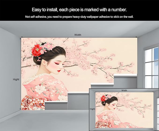 Japanese Cherry Blossom Wall Mural, Kimono Woman Geisha 3D Wall Murals, Oriental Beauty Wallpaper Mural, for Living Room Bedroom Large Wallpaper Indoor Decor 177.16" W x120 H