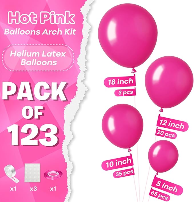 Hot Pink Balloons Different Sizes, 123 Packs Matte Magenta Balloons, Pack of 18 12 10 5 Inch Pink Balloons Garland Arch Kit for Valentine's Day Birthday Wedding Princess Theme Decorations