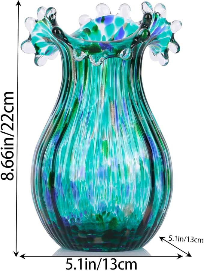 Hand Blown Green Glass vase, Decorative Wide Mouth Glass vase for Home Living Room, Fireplace Decorations, Table centerpieces, entryway Tables and Wedding Decorations.
