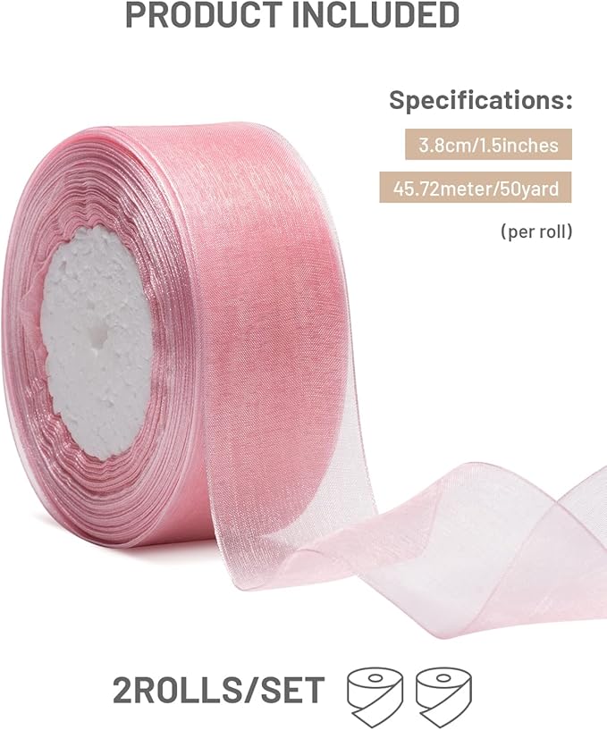 2 Roll Pink Organza Ribbon 2 Inch for Wedding, Gift Wrapping, Invitations, Party Decoration, Crafts