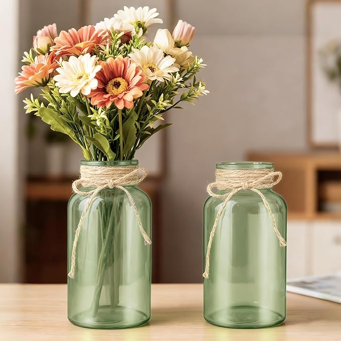 Vintage Glass Flower Vase，12 Pack Green Farmhouse Glass Centerpiece Vases Mason Jars for Weddings, Parties & Home Decor Bulk (12, Green)
